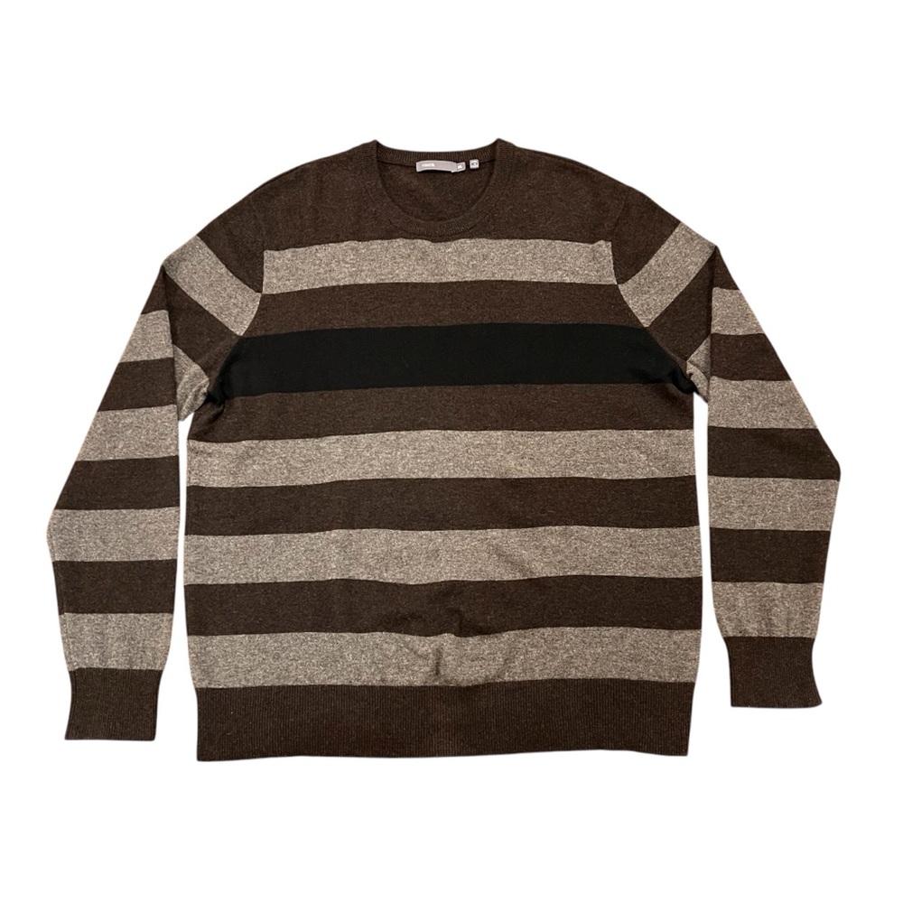 VINCE Men’s 100% Cashmere Striped Crewneck Sweater Size‎ XXL Brown/Gray/Blue